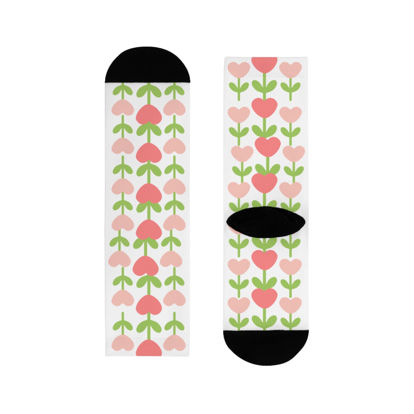 Floral Heart Pattern Crew Socks — Pink Tulip Sublimation Socks