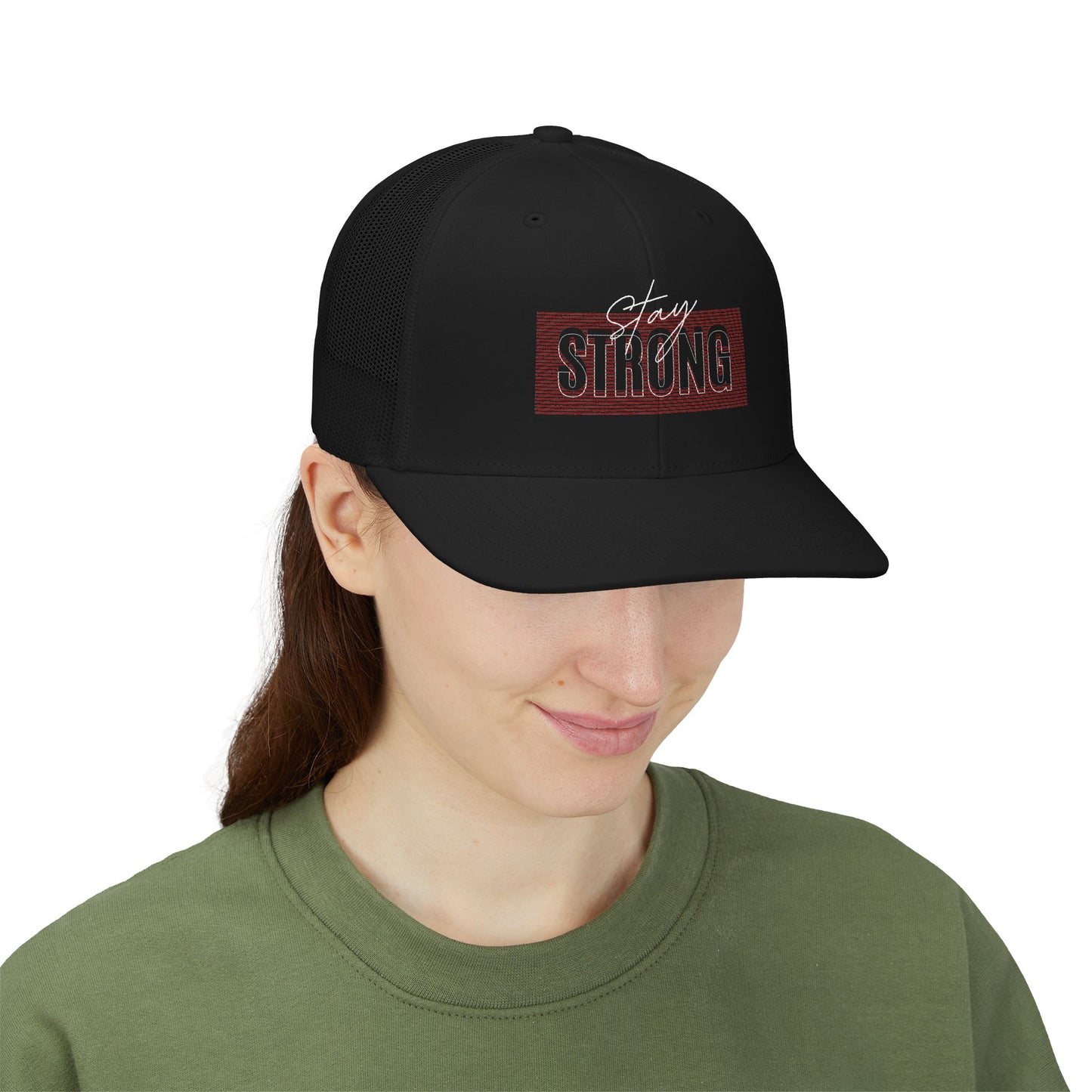 Strong Snapback Trucker Cap — Bold Red Text Mesh Baseball Hat