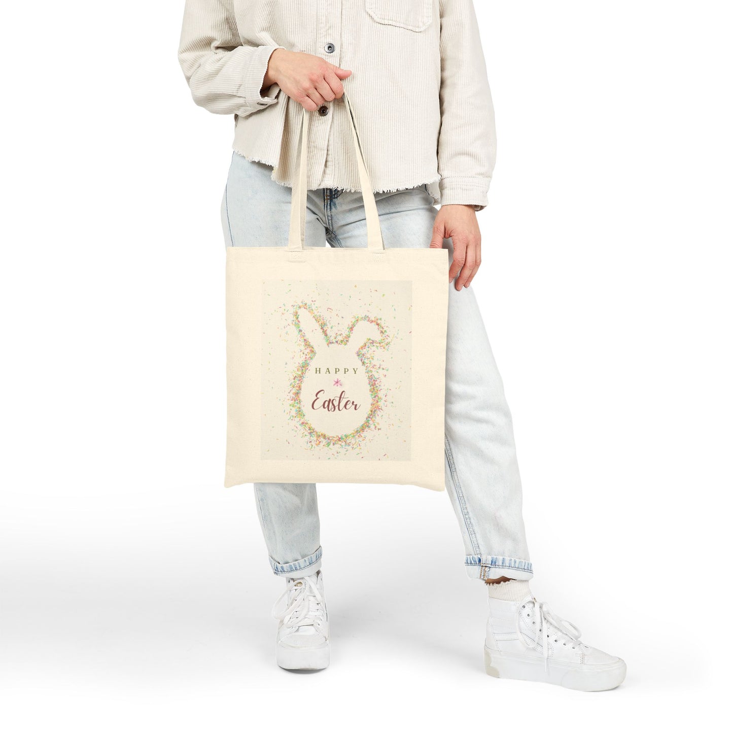 Easter Bunny Wreath Canvas Tote Bag – "Happy Easter" Spring Gift Bag