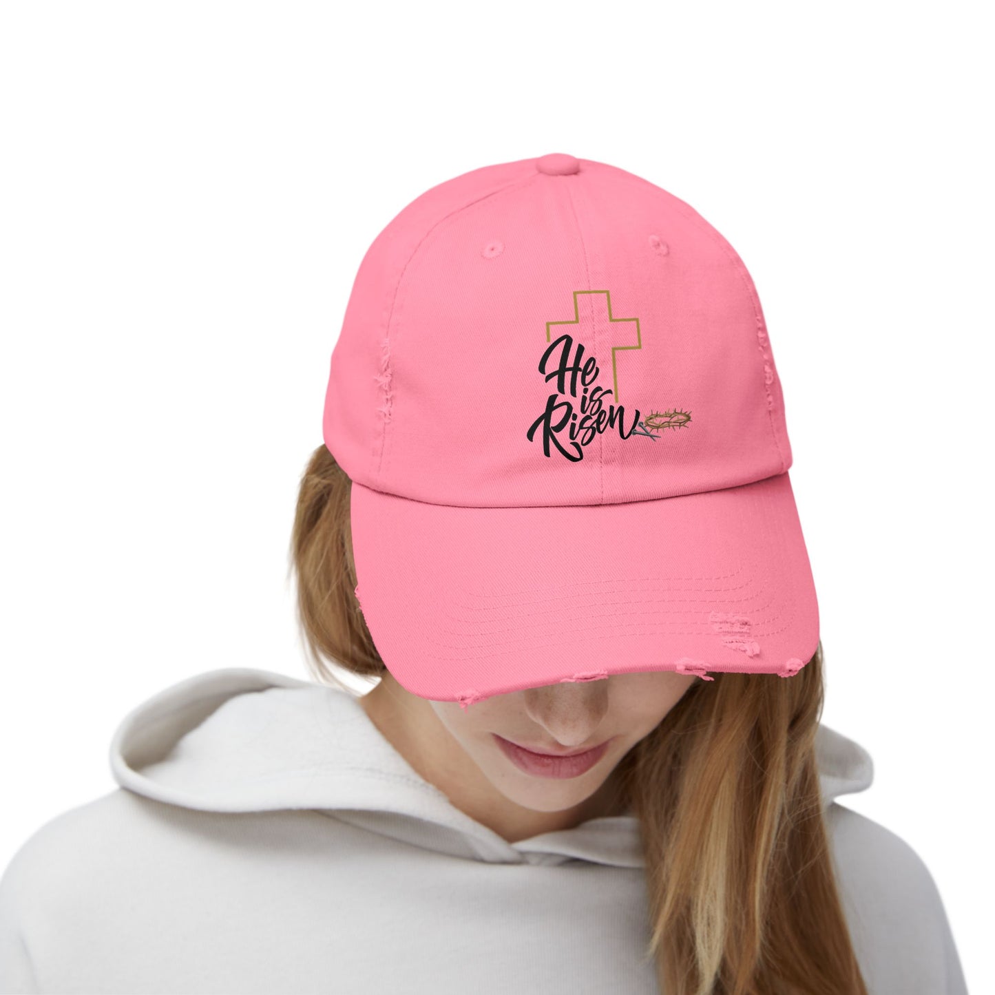 He Risen Distressed Baseball Cap – Christian Cross Hat