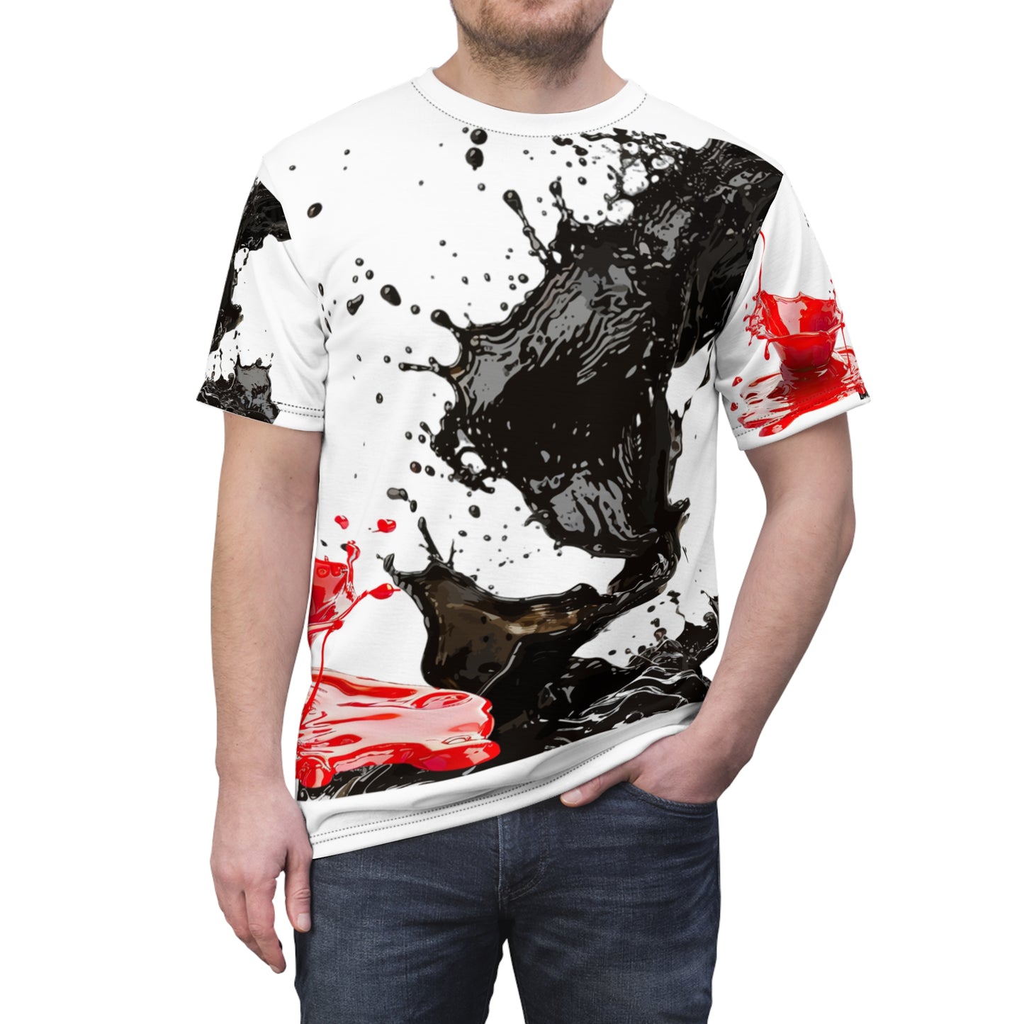 Ink Splash Tee – Abstract Black & Red All-Over Print Shirt