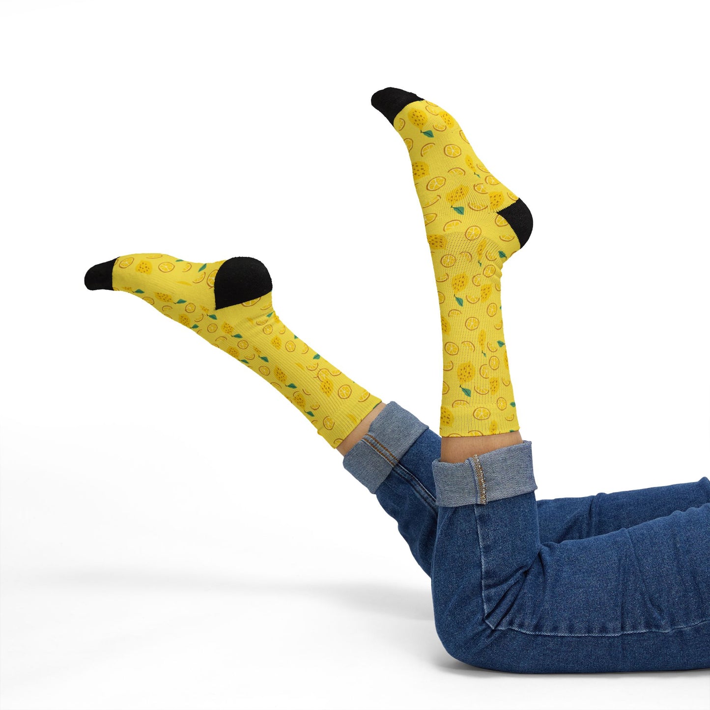 Lemon Pattern Sublimation Socks — Bright Yellow Citrus Crew Socks