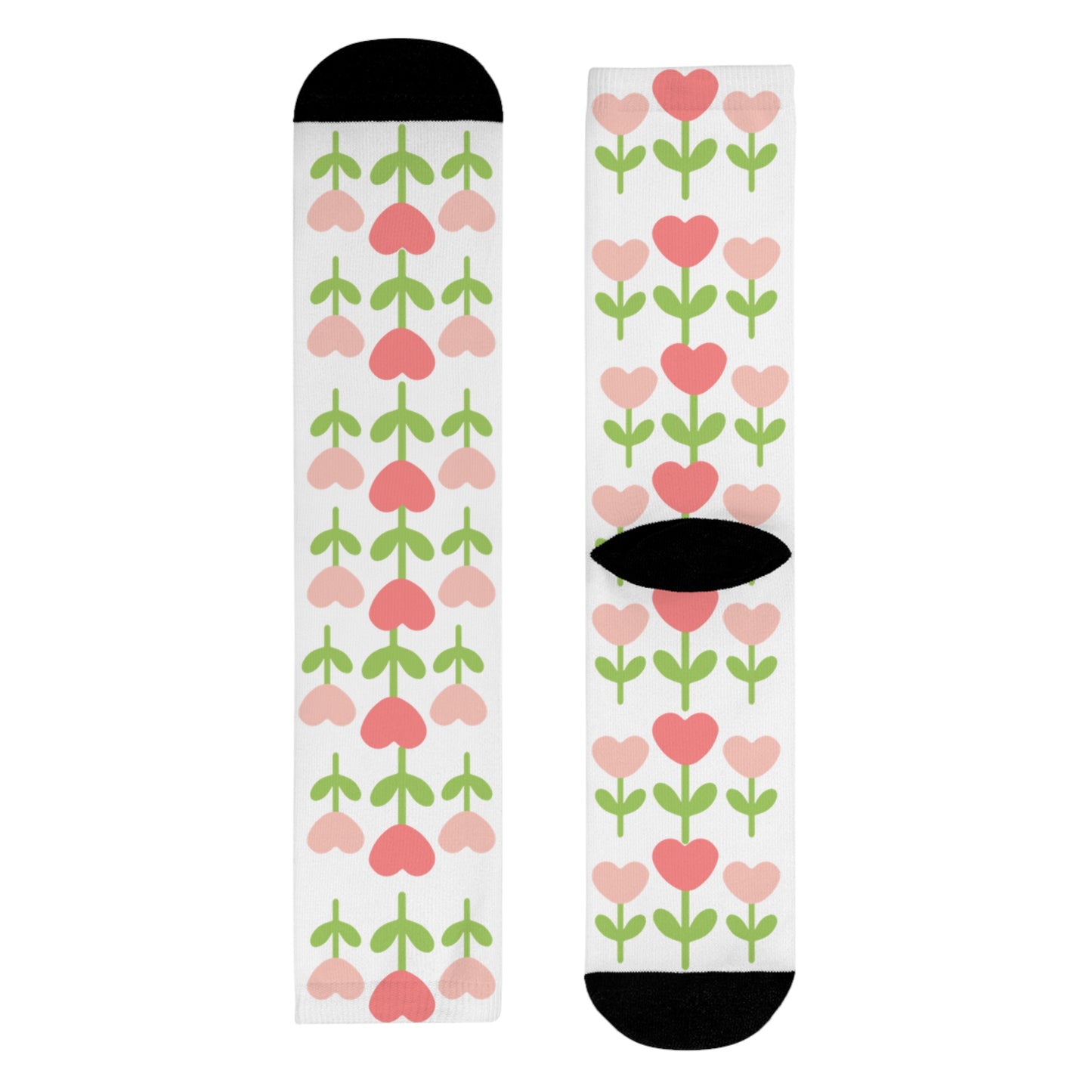 Floral Heart Pattern Crew Socks — Pink Tulip Sublimation Socks