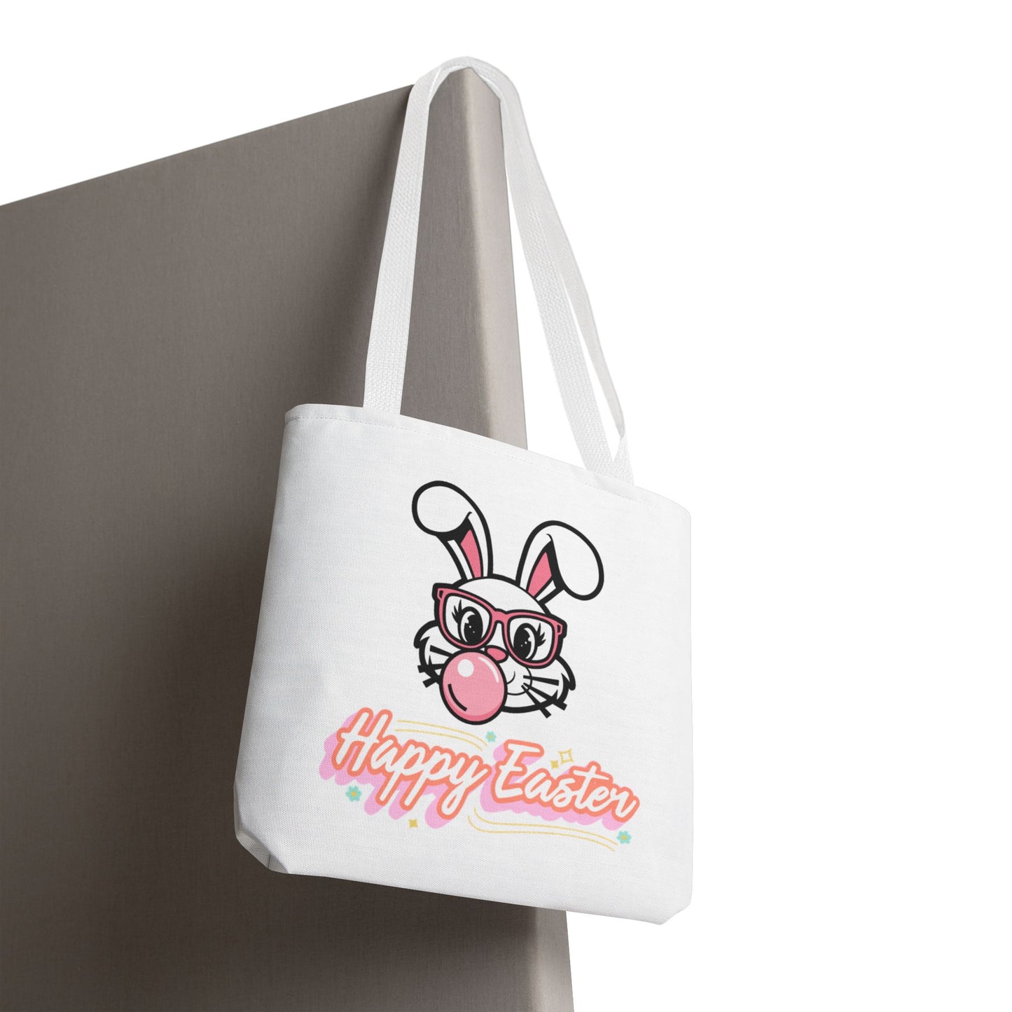 Easter Bunny Tote Bag — "Happy Easter" Cute Bunny with Glasses & Bubblegum