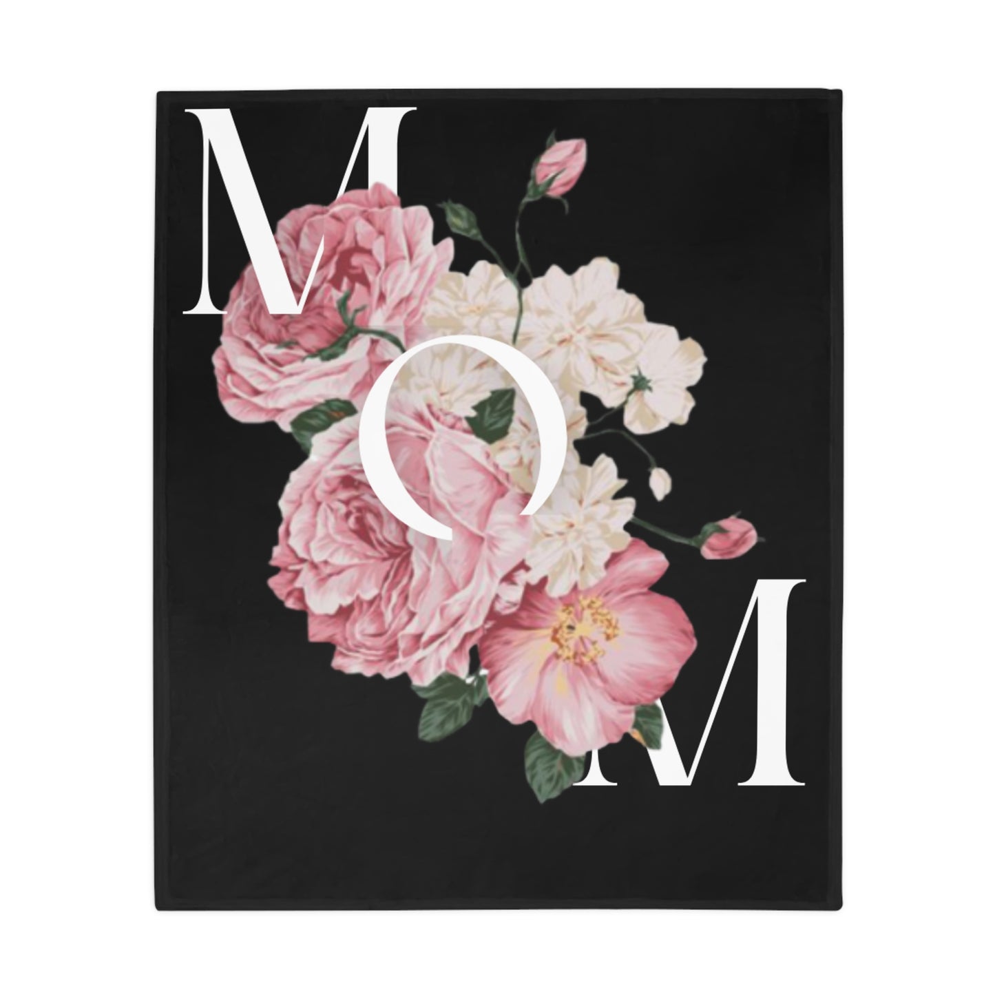Monogram Floral Plush Fleece Blanket — MOM Lettered Black Rose Throw