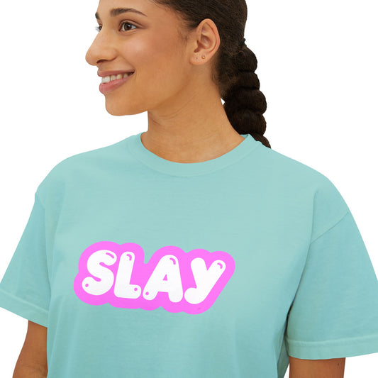 SLAY Pink Bubble Graphic Tee — Women's Boxy T‑Shirt