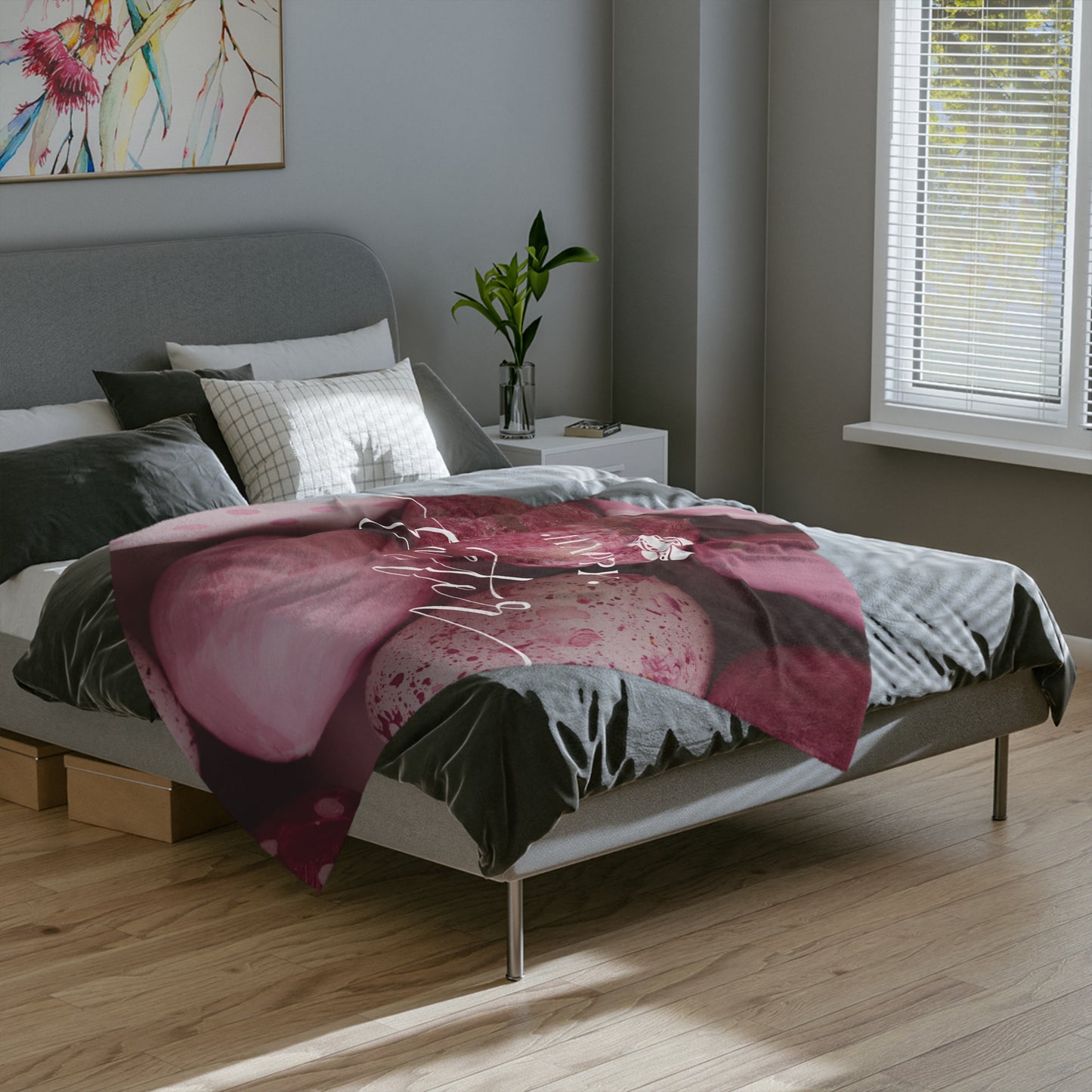 Happy Easter Pink Eggs Blanket - Velveteen Microfiber Easter Throw