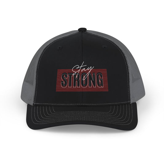 Strong Snapback Trucker Cap — Bold Red Text Mesh Baseball Hat