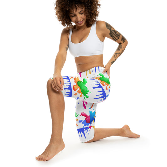 Color Splash Capri Leggings — Bright Paint Drip All-Over Print