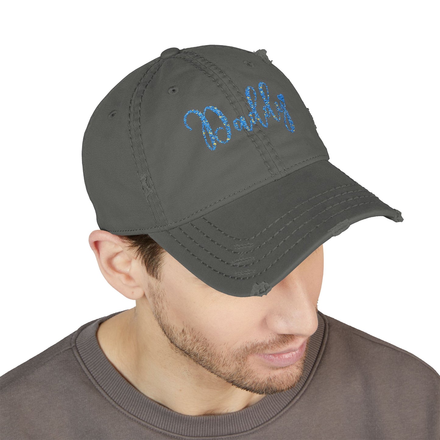 Daddy Embroidered Distressed Dad Hat – Blue Sequin Script
