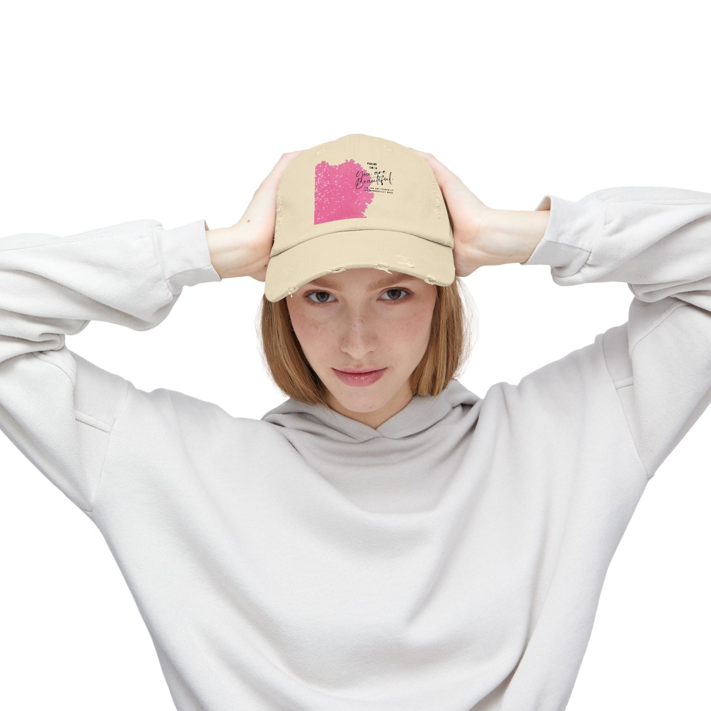Distressed Baseball Cap - Pink Brushblock "You Are Beautiful" Design