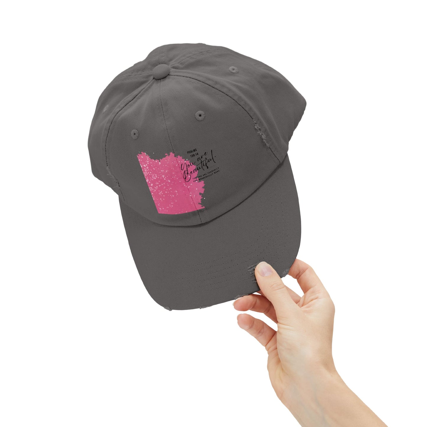 Distressed Baseball Cap - Pink Brushblock "You Are Beautiful" Design