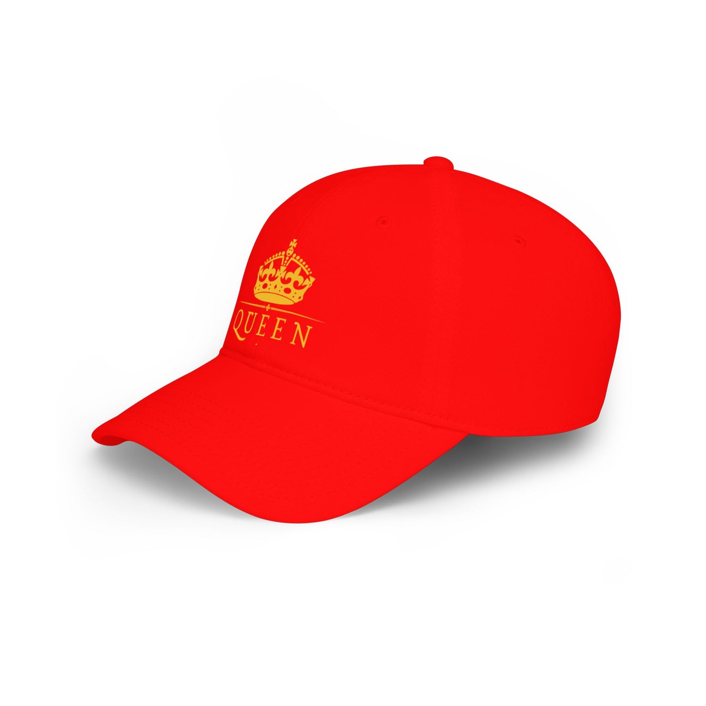 Queen Crown Baseball Cap — Red Low Profile Hat with Gold "QUEEN" Text