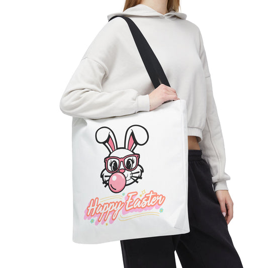Easter Bunny Tote Bag — "Happy Easter" Cute Bunny with Glasses & Bubblegum