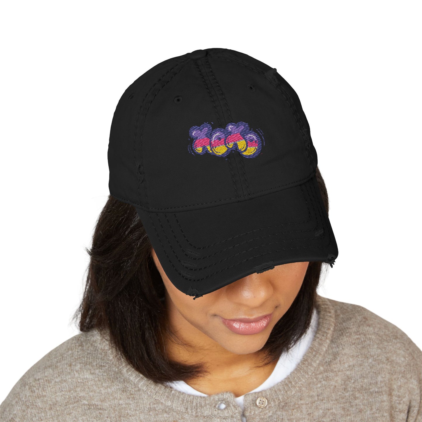 Distressed Embroidered Dad Hat — Colorful Retro Grapes Patch
