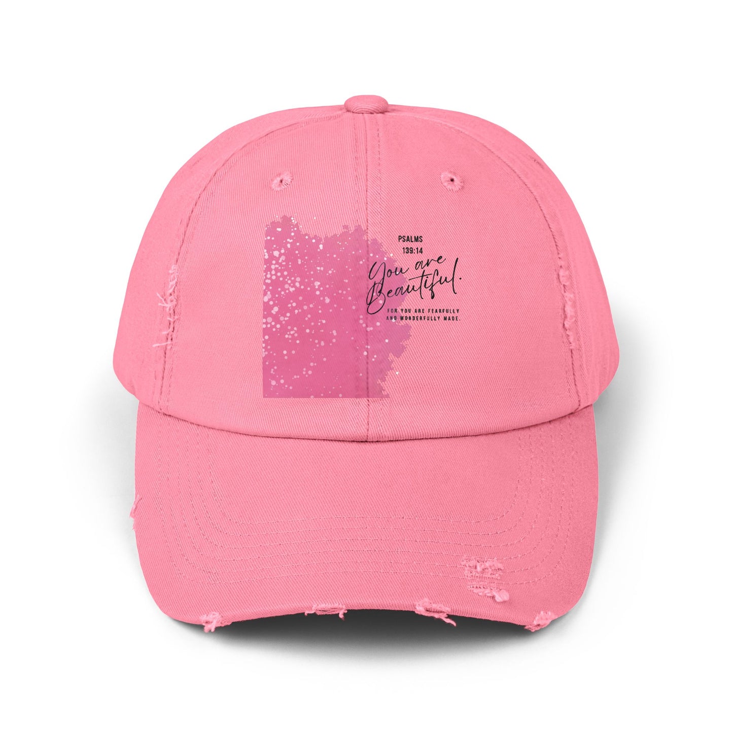 Distressed Baseball Cap - Pink Brushblock "You Are Beautiful" Design