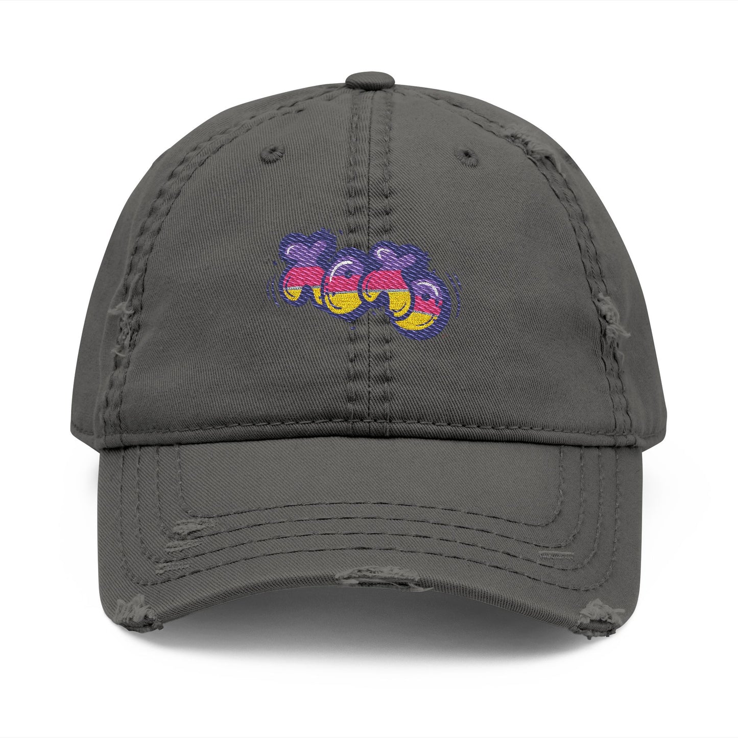 Distressed Embroidered Dad Hat — Colorful Retro Grapes Patch