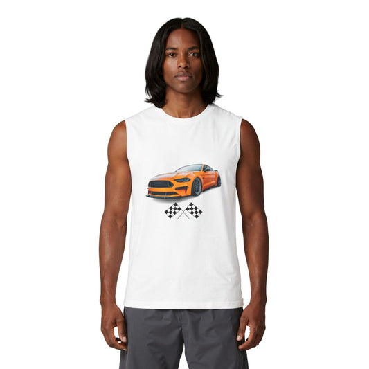 Muscle Tank — Orange Sports Car with Checkered Flags