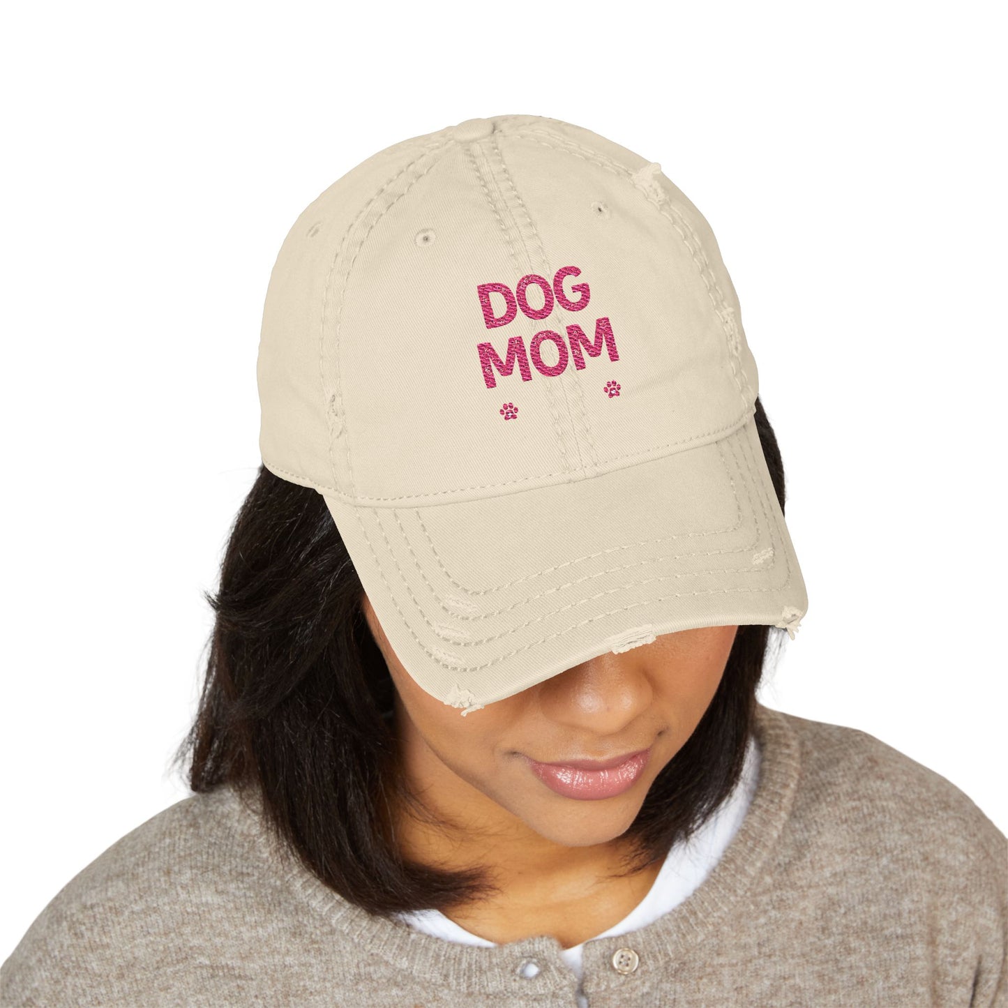 Dog Mom Embroidered Distressed Dad Hat – Pink Script