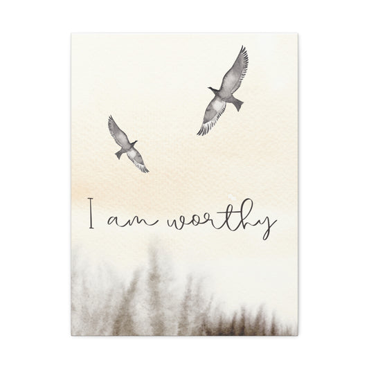 Stretched Canvas – "I Am Worthy" Minimalist Wall Art with Flying Birds (Inspirational Home Decor)