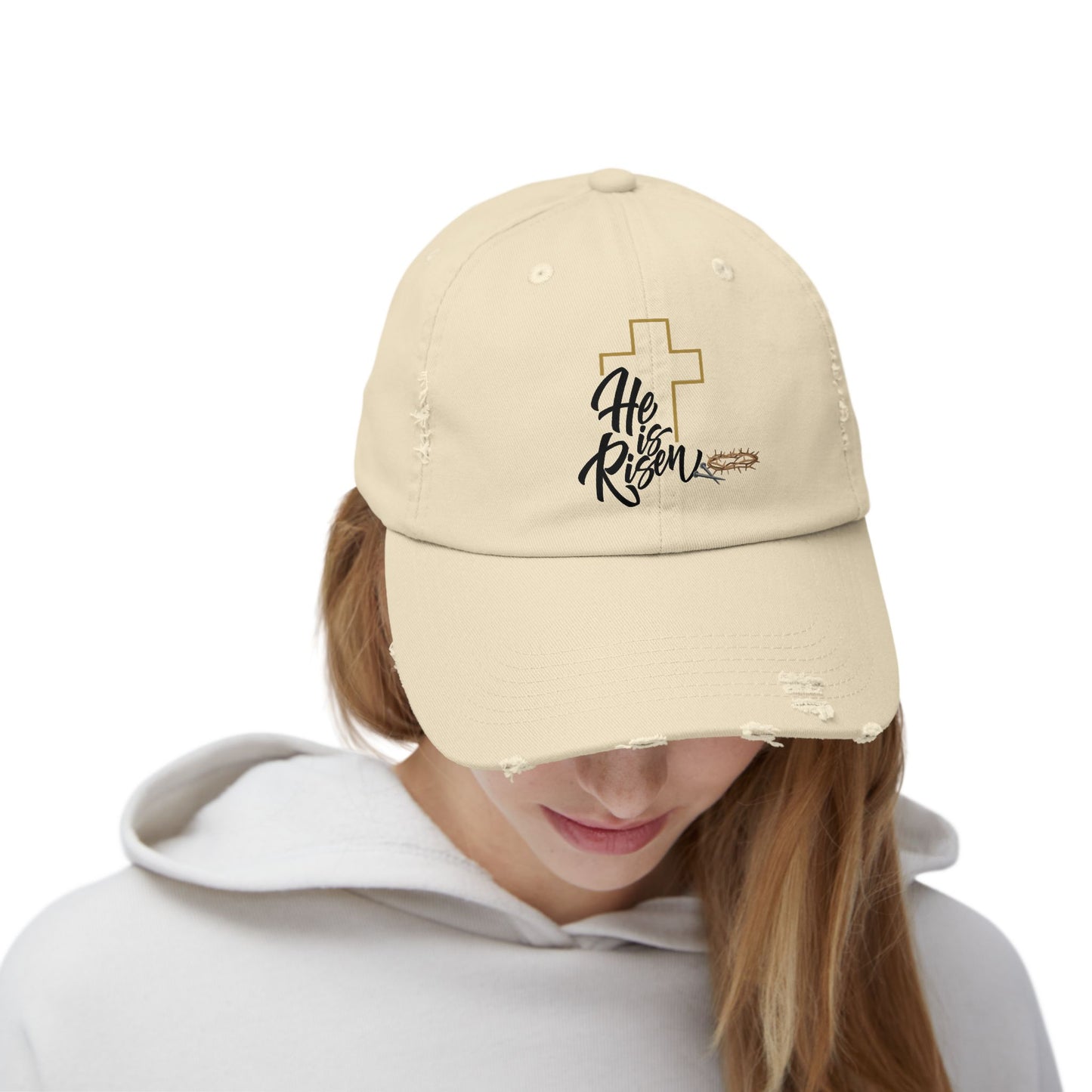 He Risen Distressed Baseball Cap – Christian Cross Hat