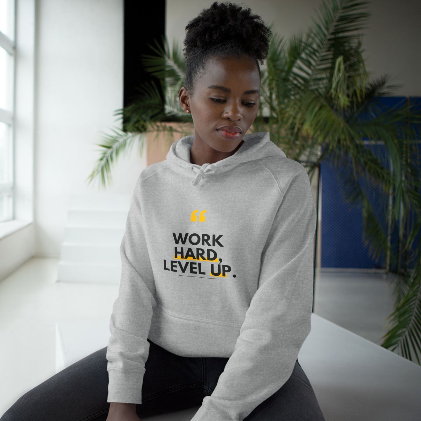 Work Hard, Level Up Hoodie — Motivational Quote Hooded Sweatshirt