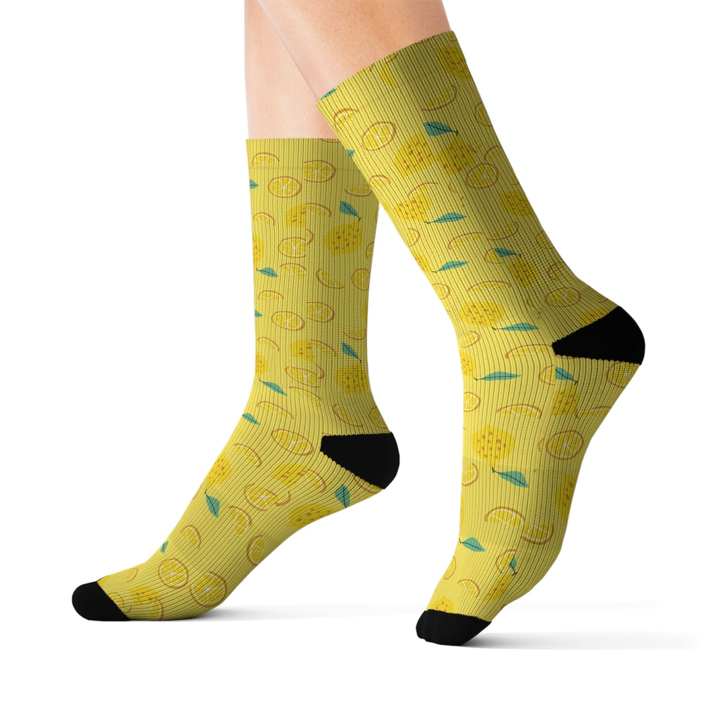 Lemon Pattern Sublimation Socks — Bright Yellow Citrus Crew Socks