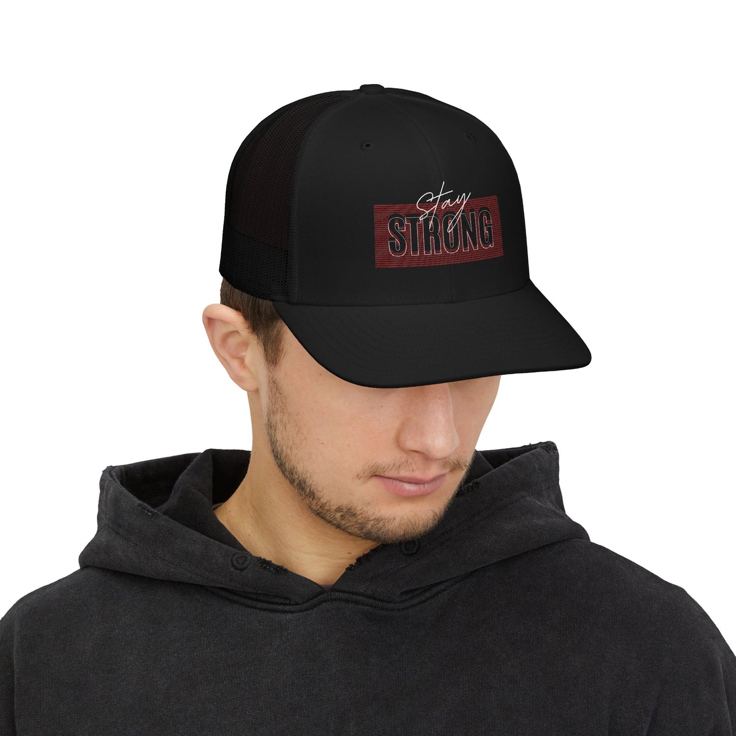Strong Snapback Trucker Cap — Bold Red Text Mesh Baseball Hat