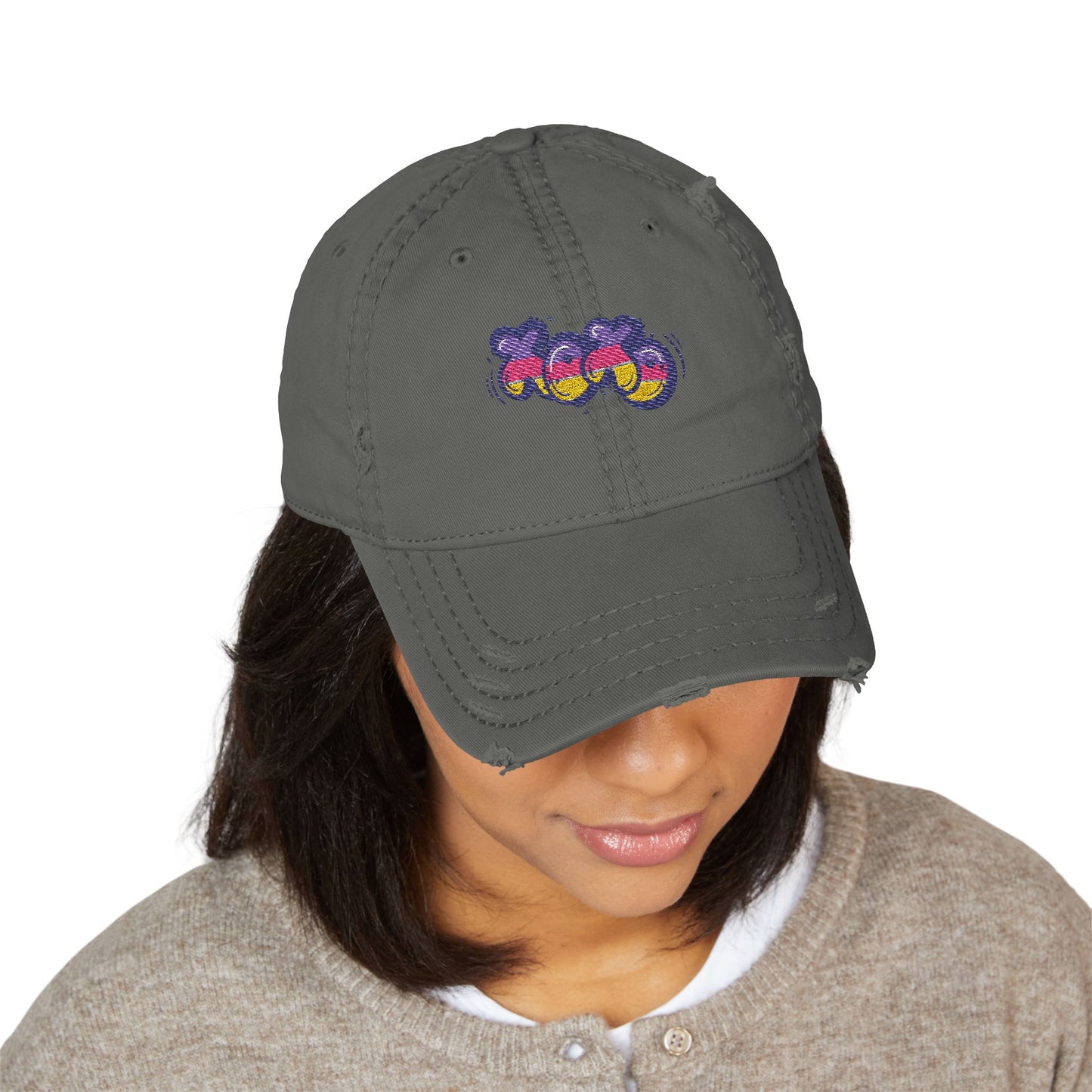 Distressed Embroidered Dad Hat — Colorful Retro Grapes Patch