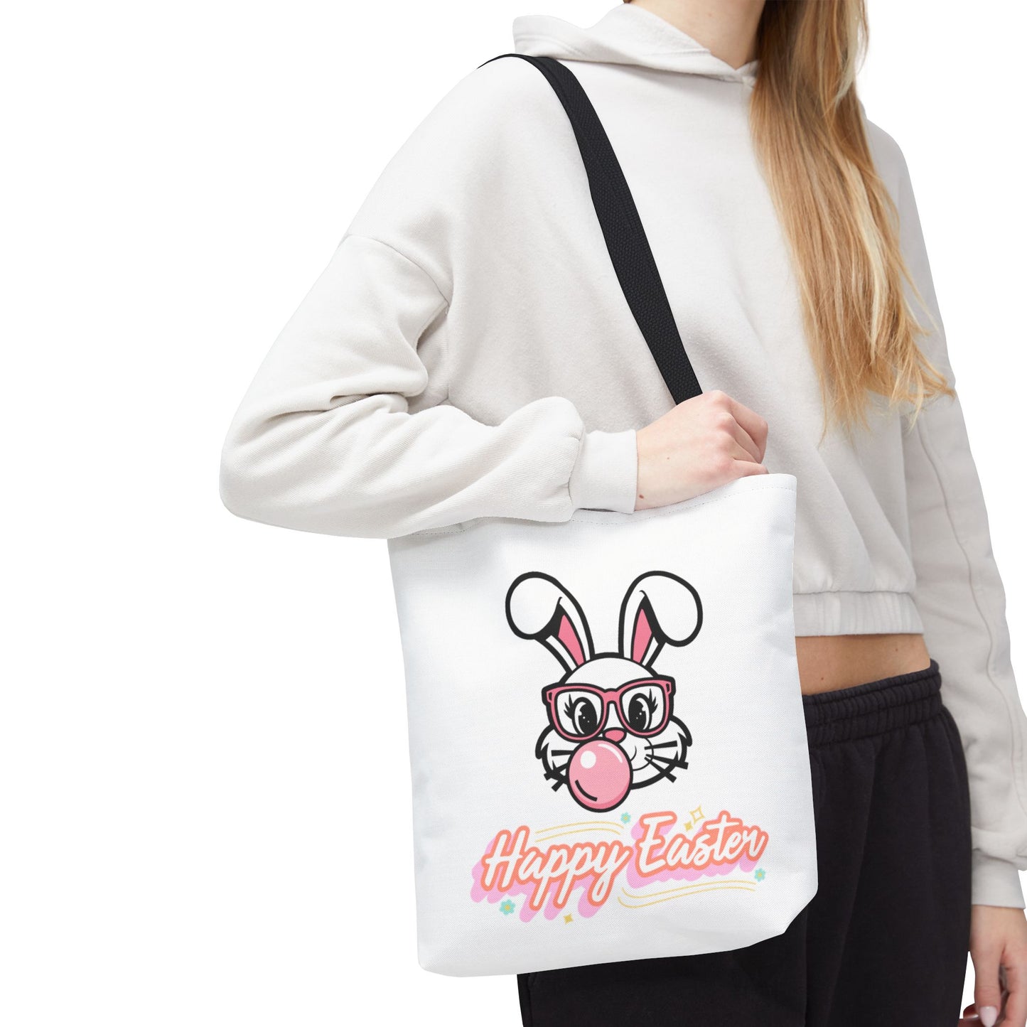 Easter Bunny Tote Bag — "Happy Easter" Cute Bunny with Glasses & Bubblegum