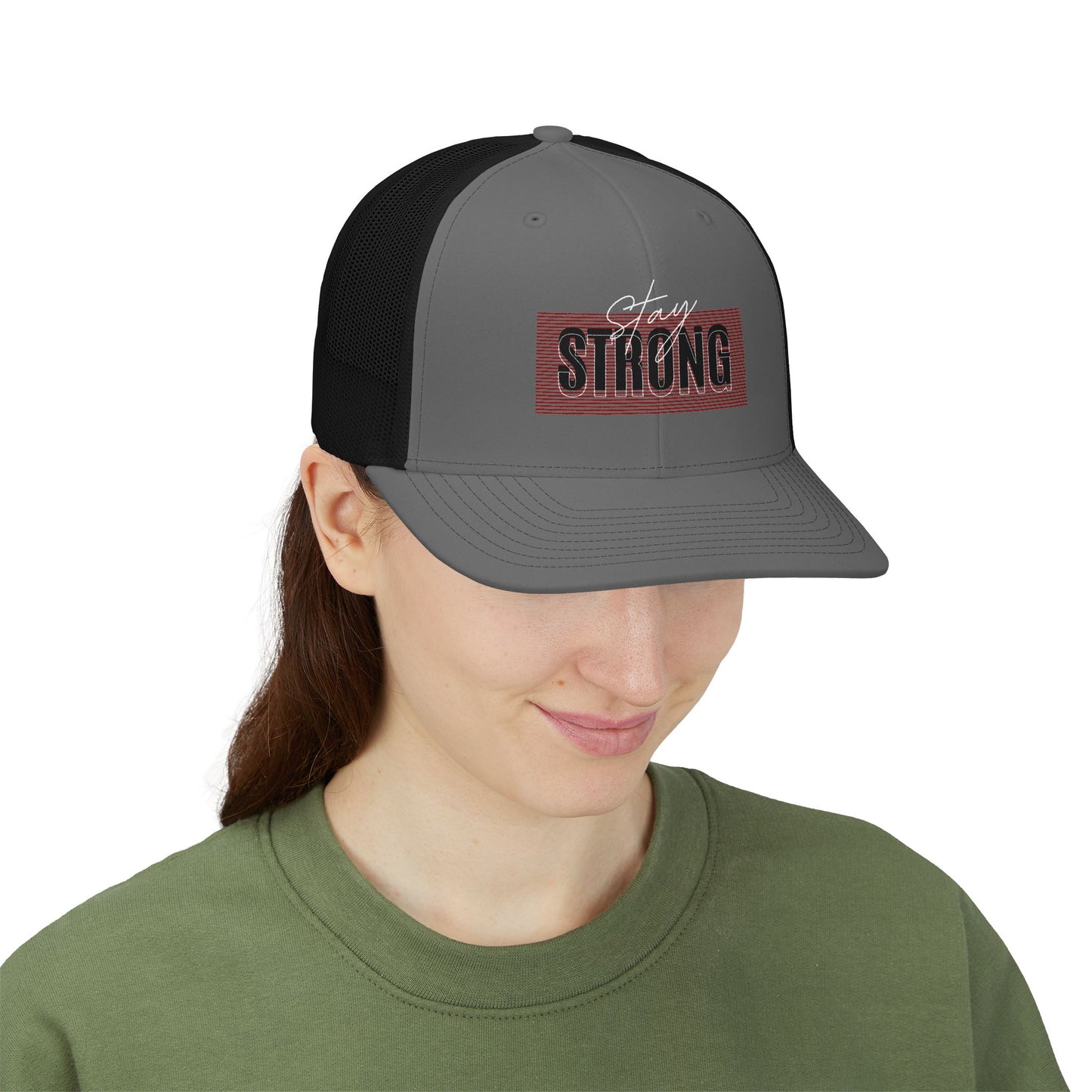 Strong Snapback Trucker Cap — Bold Red Text Mesh Baseball Hat