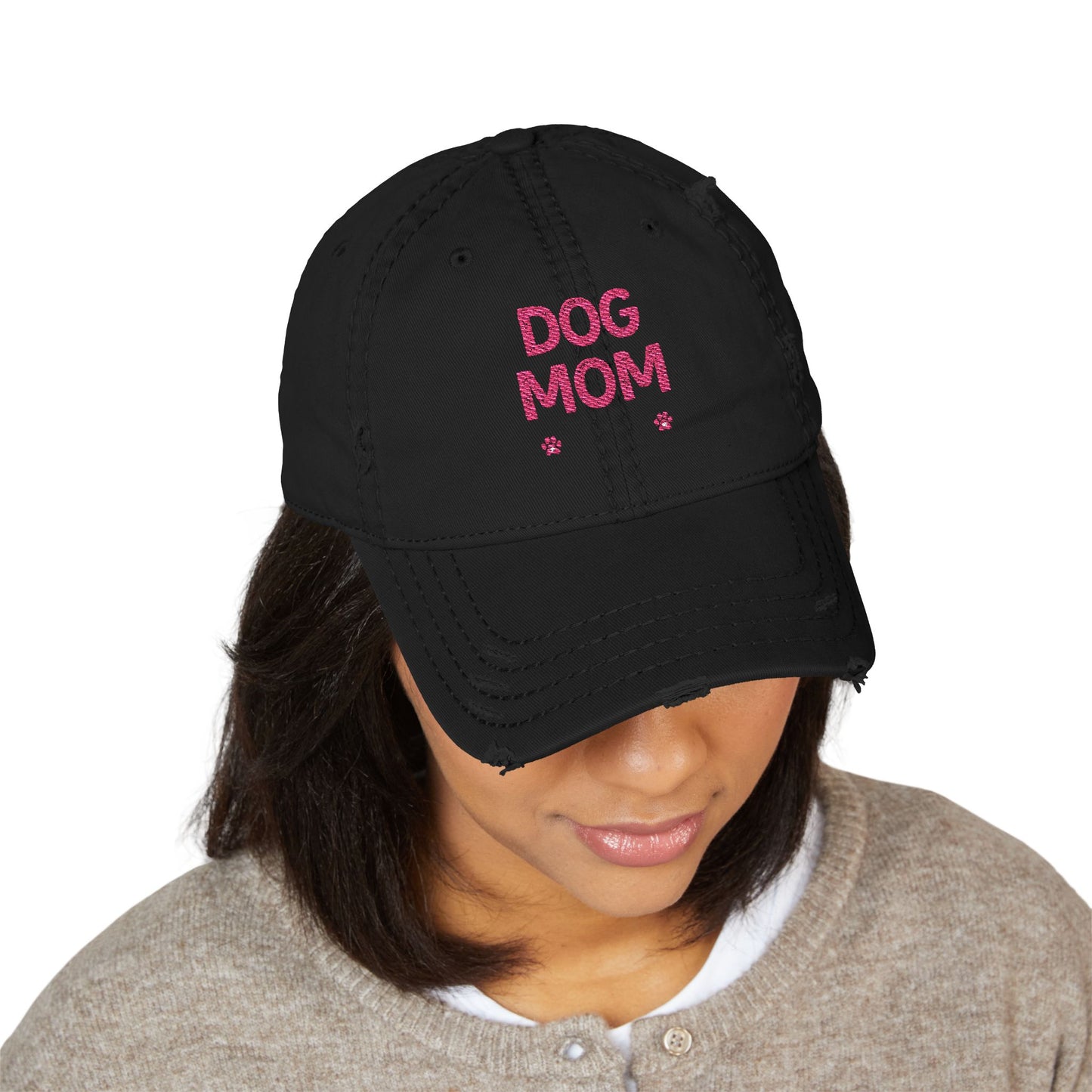 Dog Mom Embroidered Distressed Dad Hat – Pink Script