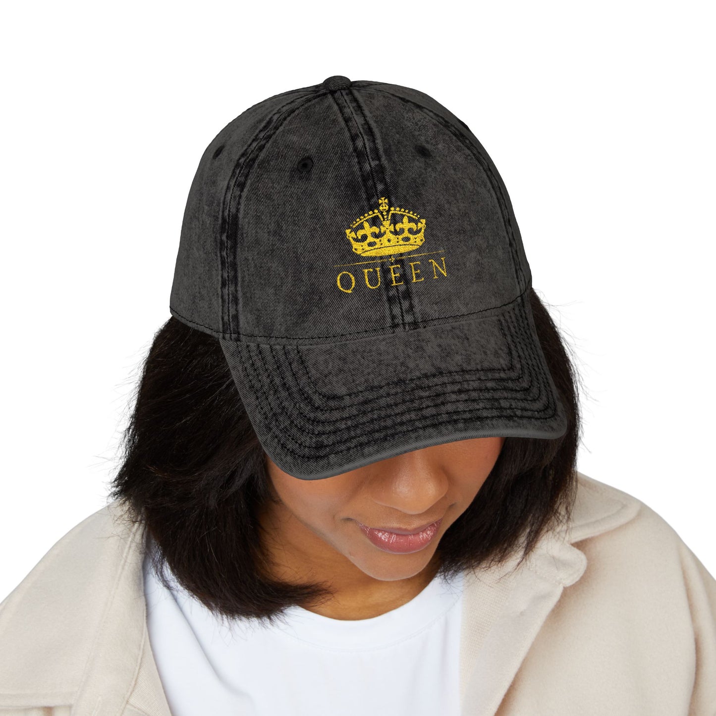 Embroidered 'Queen' Vintage Baseball Cap - Distressed Red Crown Hat