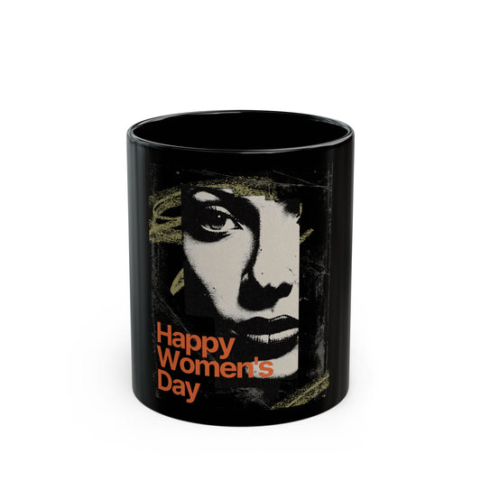 Happy Women's Day Black Mug — Retro Portrait Feminist Coffee Cup (11oz/15oz)