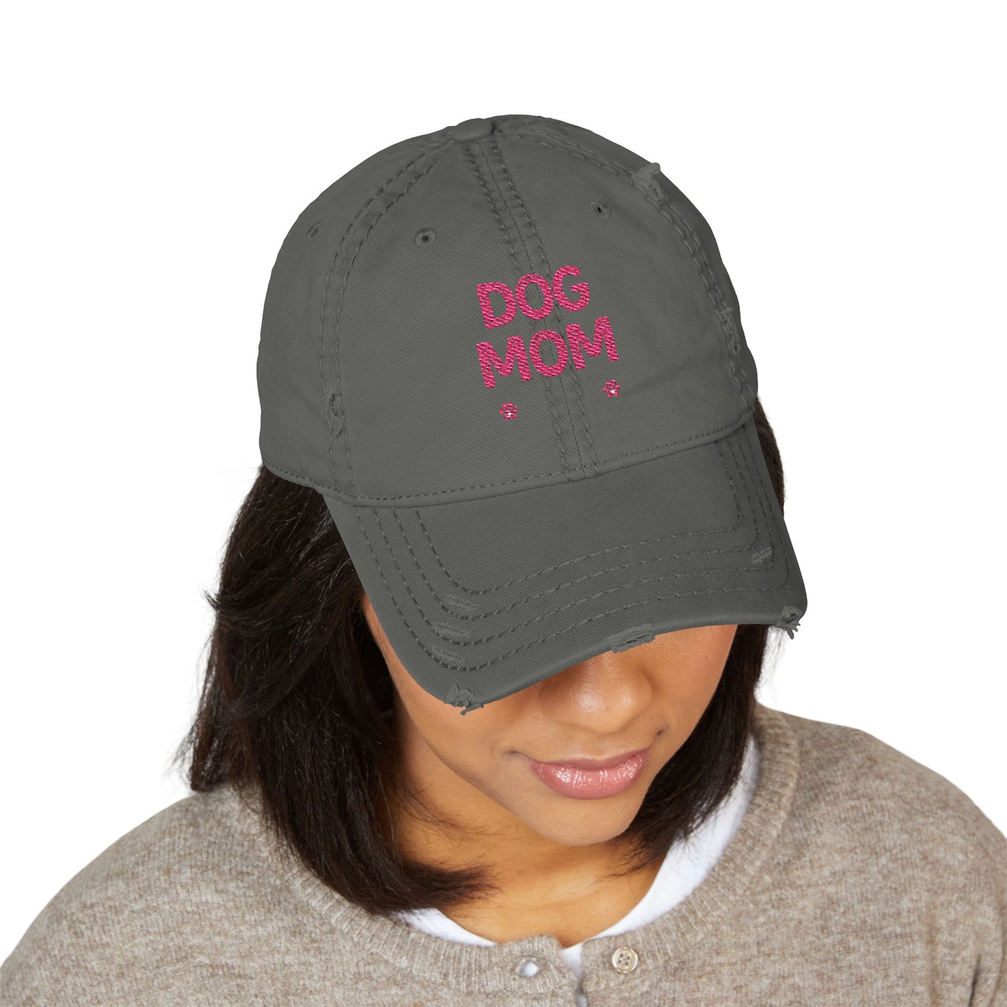 Dog Mom Embroidered Distressed Dad Hat – Pink Script