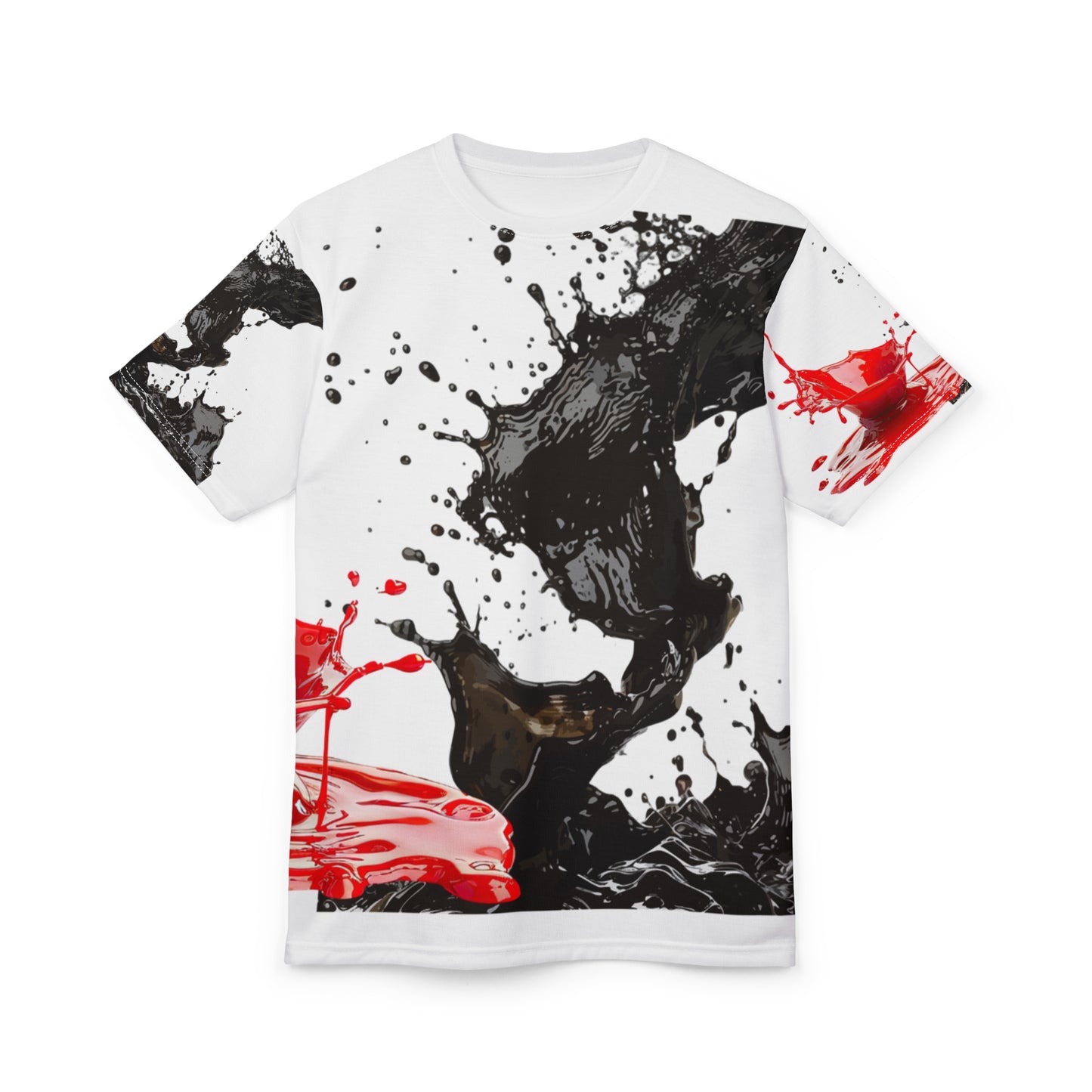 Ink Splash Tee – Abstract Black & Red All-Over Print Shirt