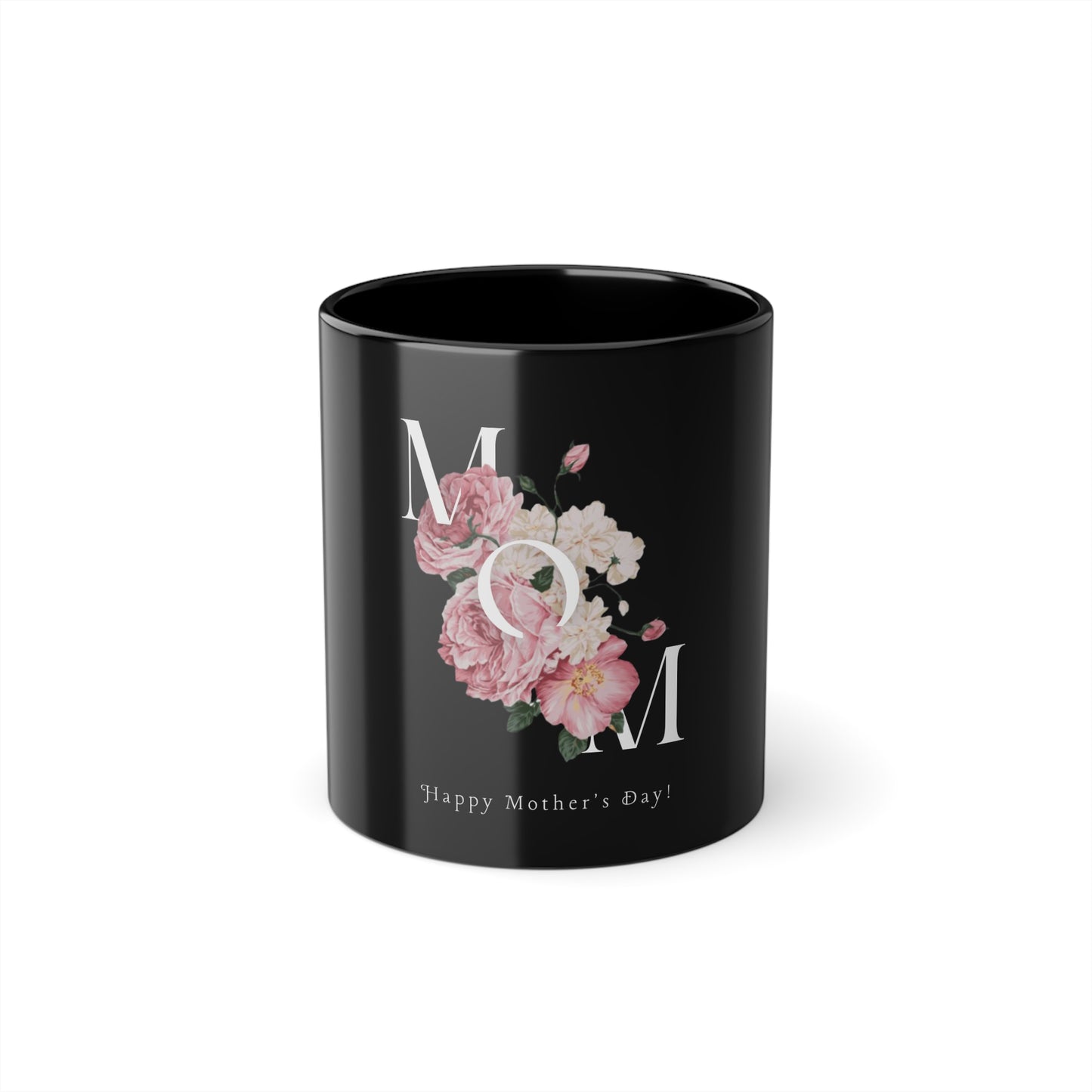Mom Floral Black Coffee Mug — "MOM" Pink Peony Design, 11oz Mother's Day Gift
