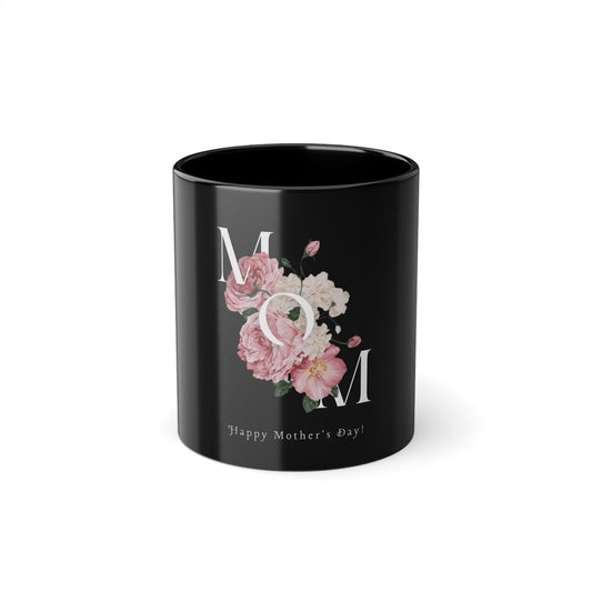 Mom Floral Black Coffee Mug — "MOM" Pink Peony Design, 11oz Mother's Day Gift