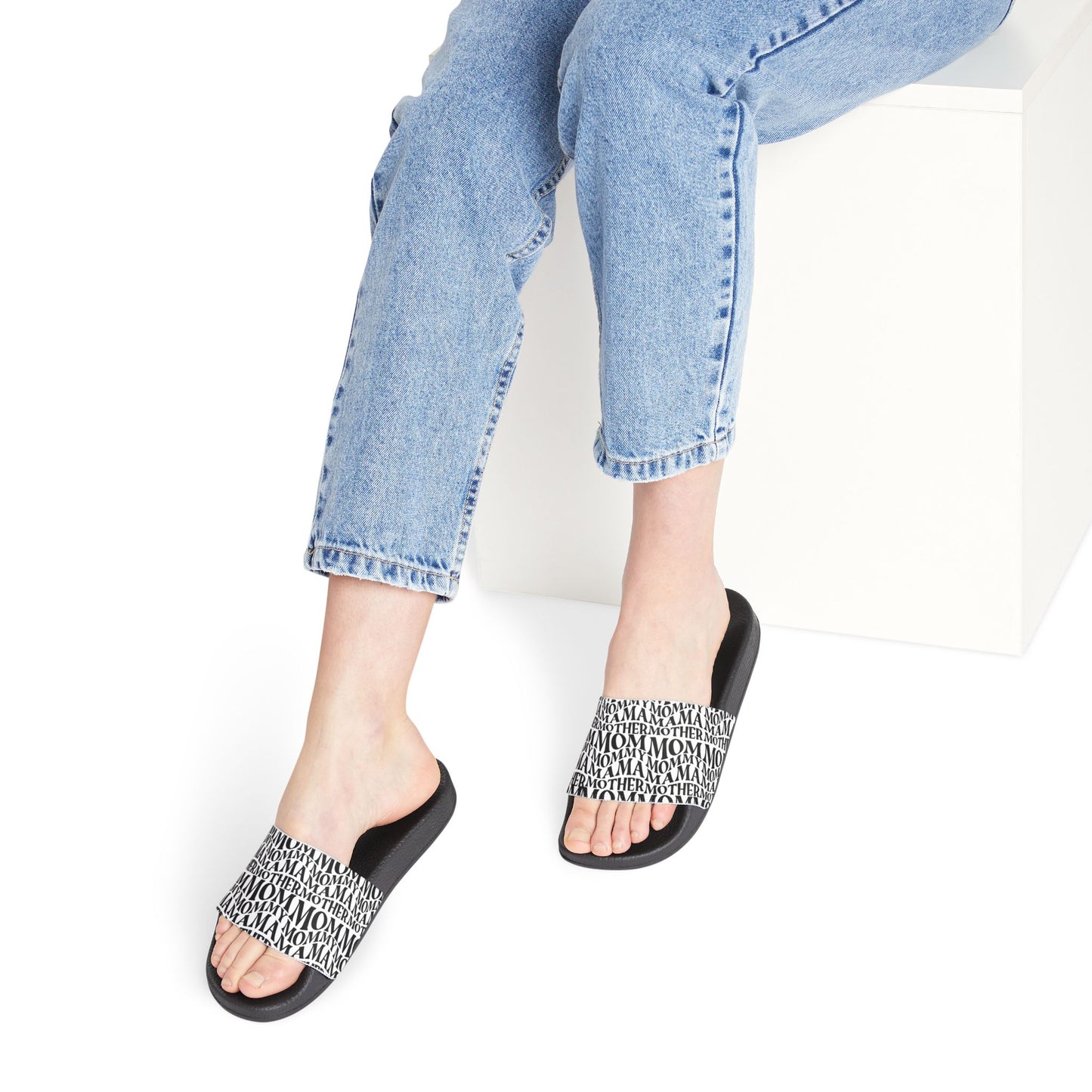 Women's Removable-Strap Slide Sandals — Black Typographic Print