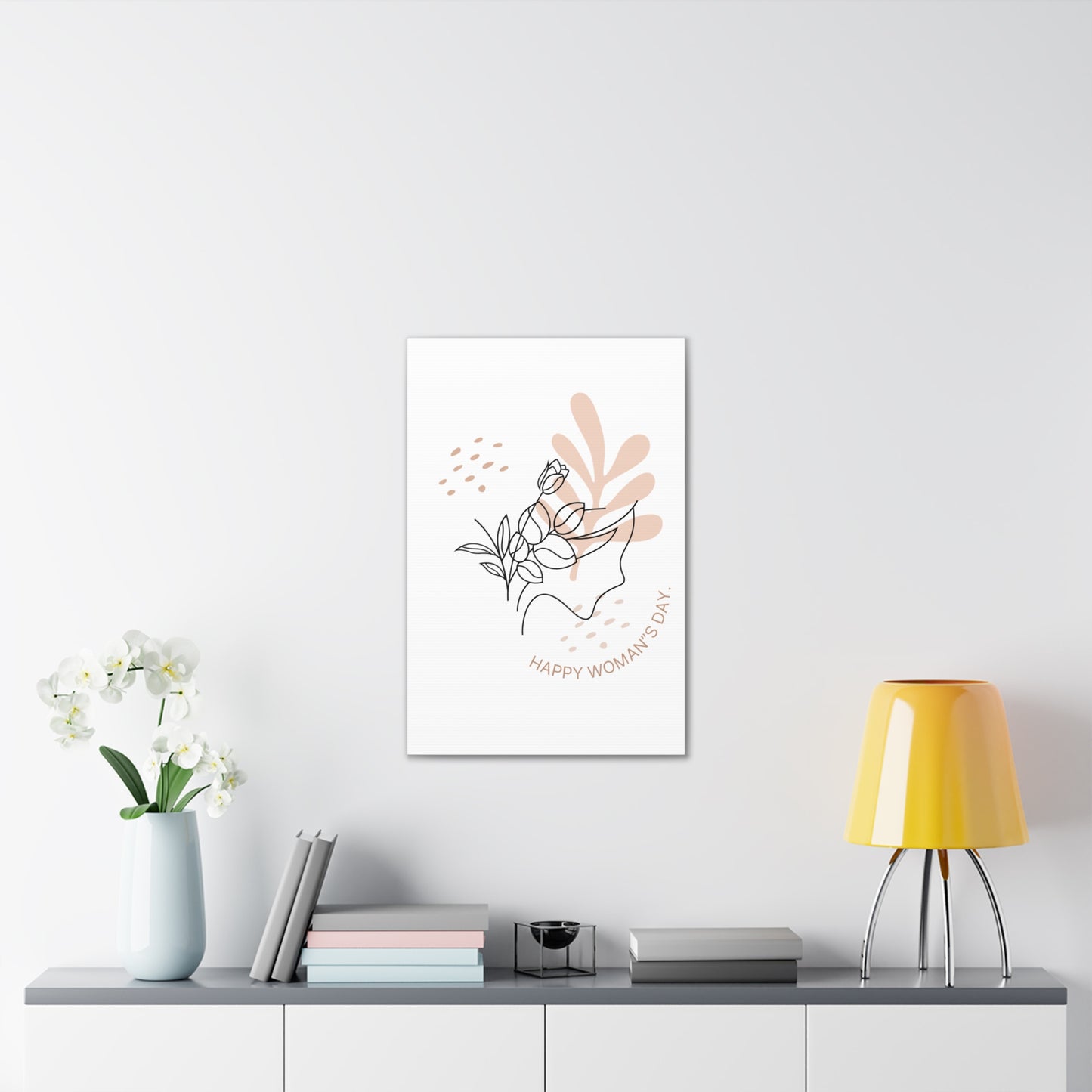 Happy Woman's Day Floral Canvas Art — Minimal Line Drawing Stretched Canvas