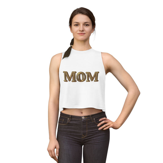 Mom Crop Top — Vintage Gold Embroidered 'MOM' Tank for Mothers, Mother's Day Gift