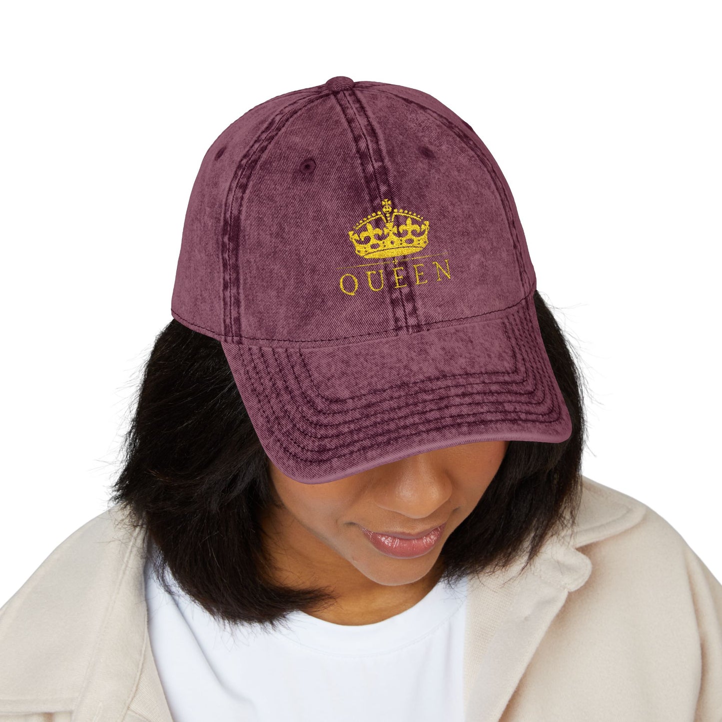 Embroidered 'Queen' Vintage Baseball Cap - Distressed Red Crown Hat