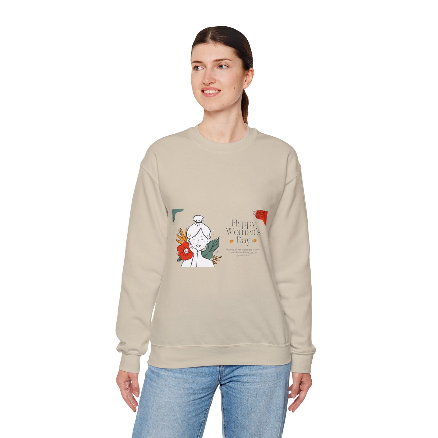 Crewneck Sweatshirt — "Happy Women's Day" Floral Line Art