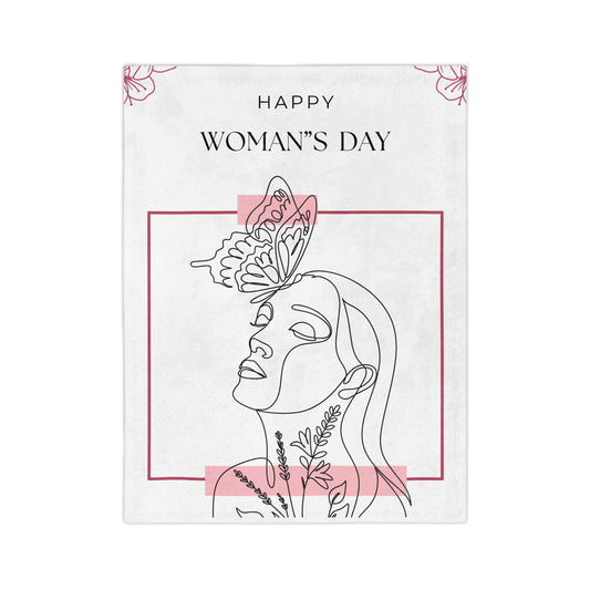 Happy Woman's Day Velveteen Microfiber Blanket — Feminine Line Art Butterfly Gift for International Women's Day