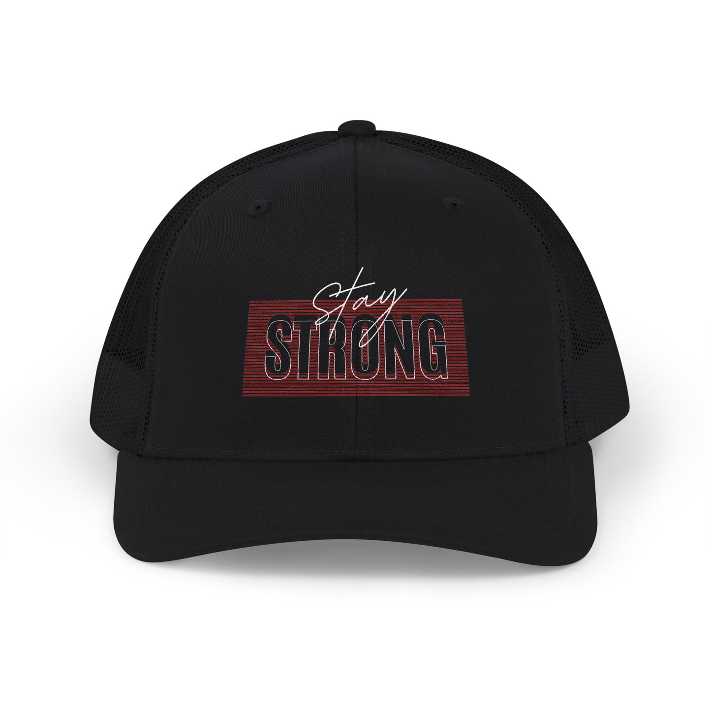 Strong Snapback Trucker Cap — Bold Red Text Mesh Baseball Hat