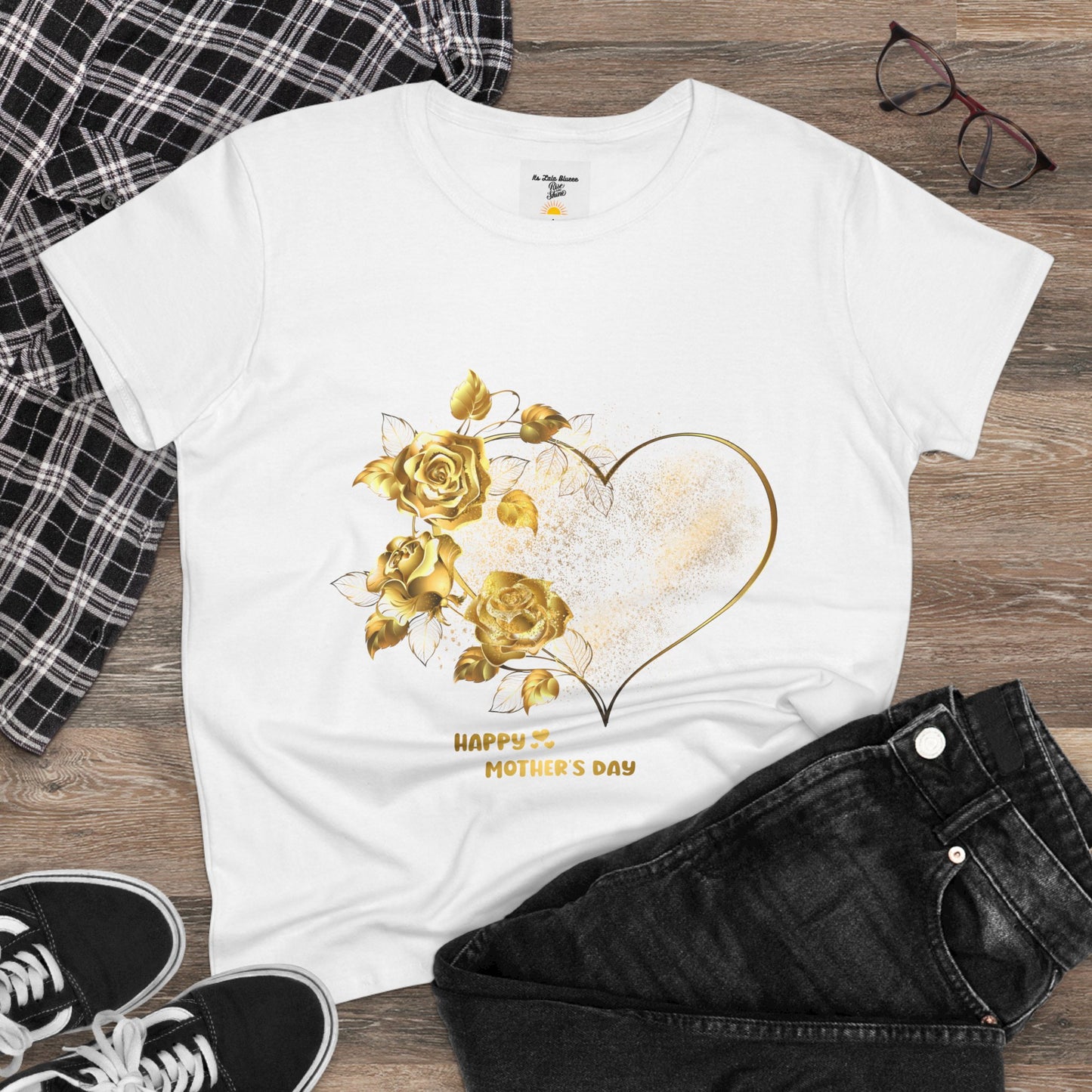 Happy Mother's Day Women's Midweight Cotton Tee with Gold Roses