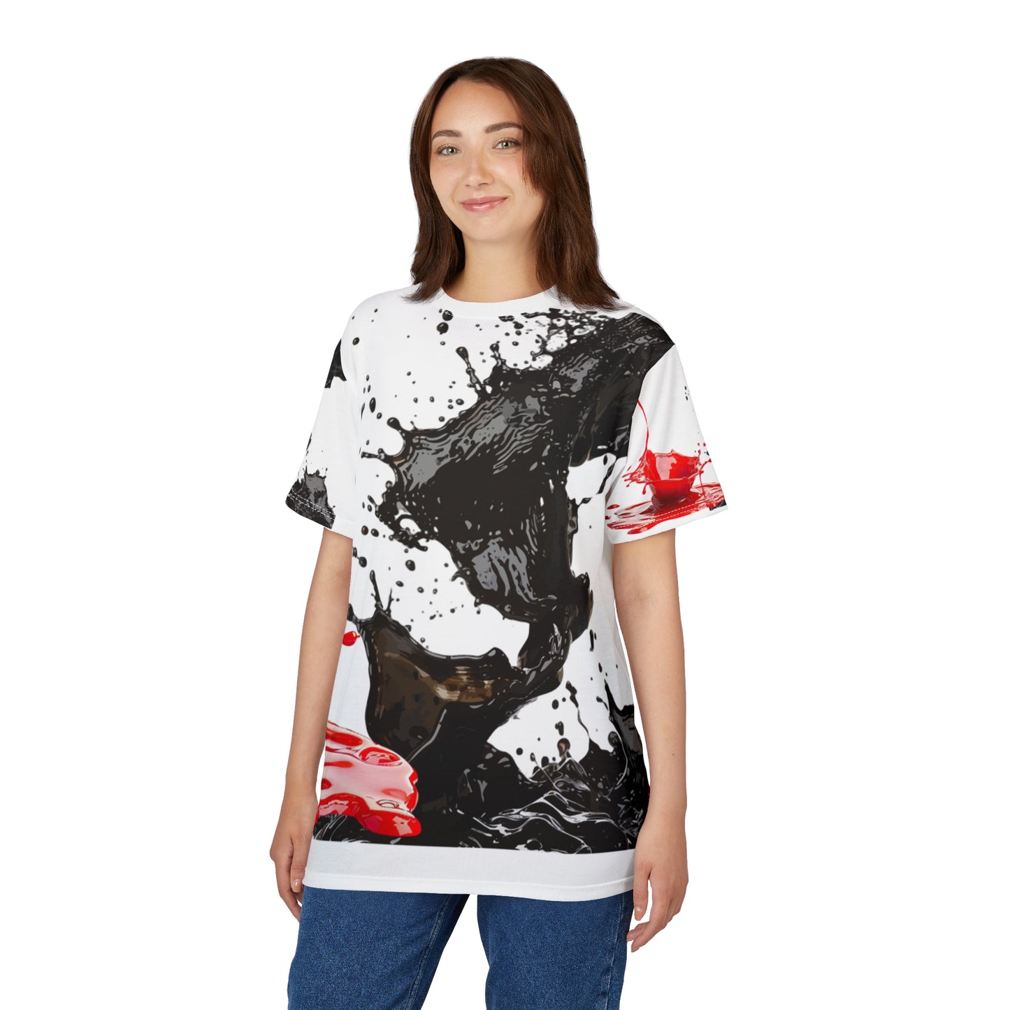 Ink Splash Tee – Abstract Black & Red All-Over Print Shirt