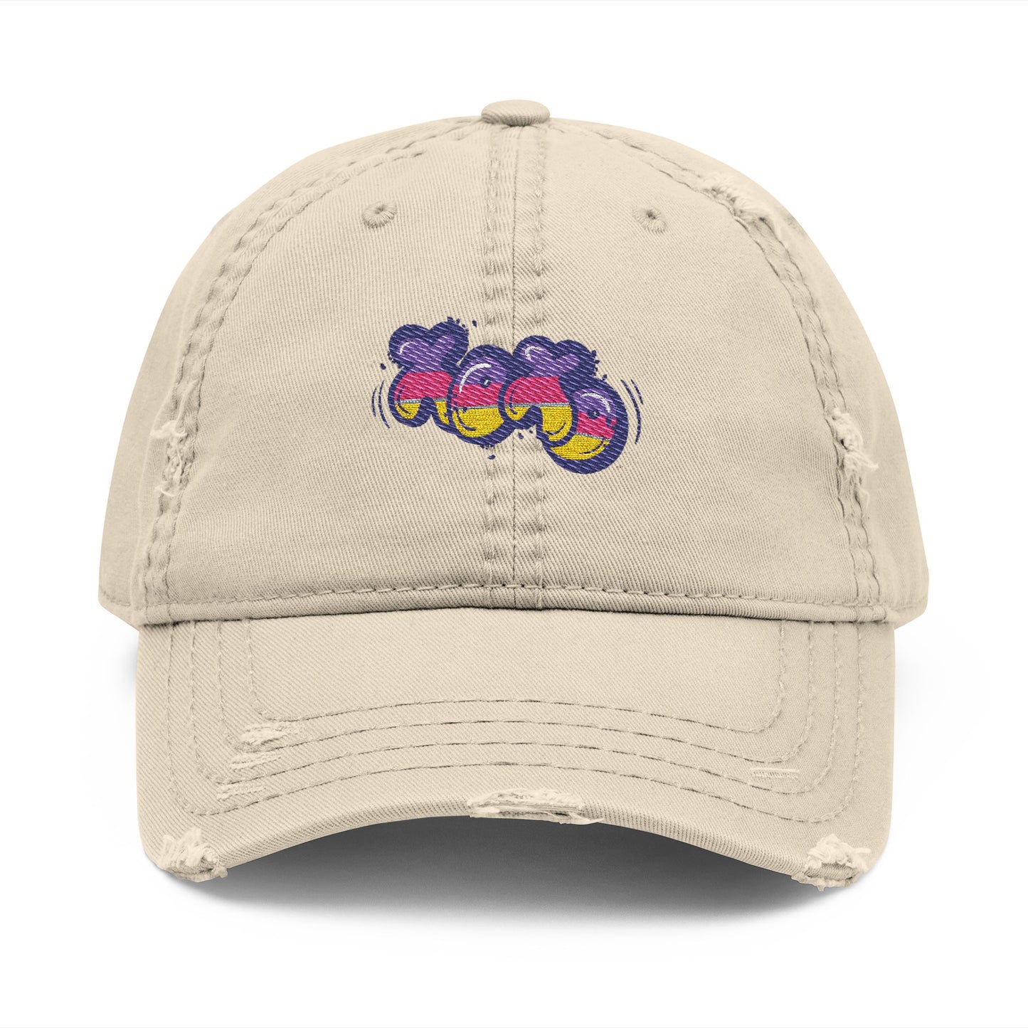Distressed Embroidered Dad Hat — Colorful Retro Grapes Patch