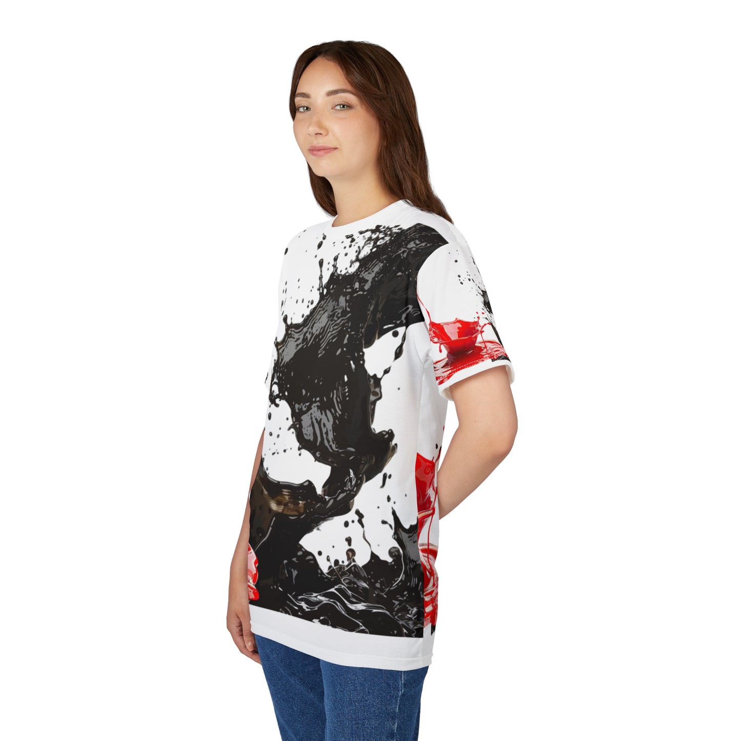 Ink Splash Tee – Abstract Black & Red All-Over Print Shirt