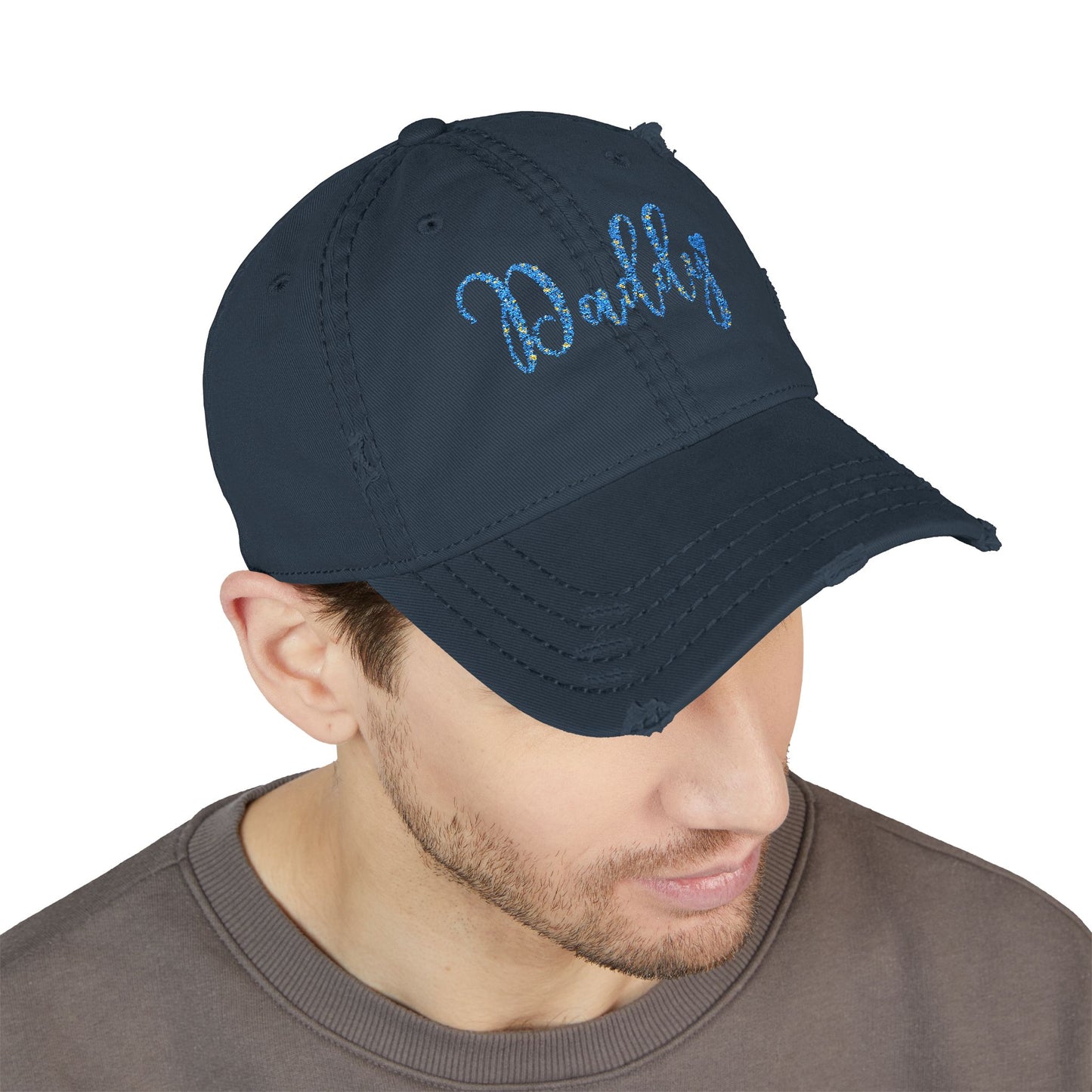 Daddy Embroidered Distressed Dad Hat – Blue Sequin Script